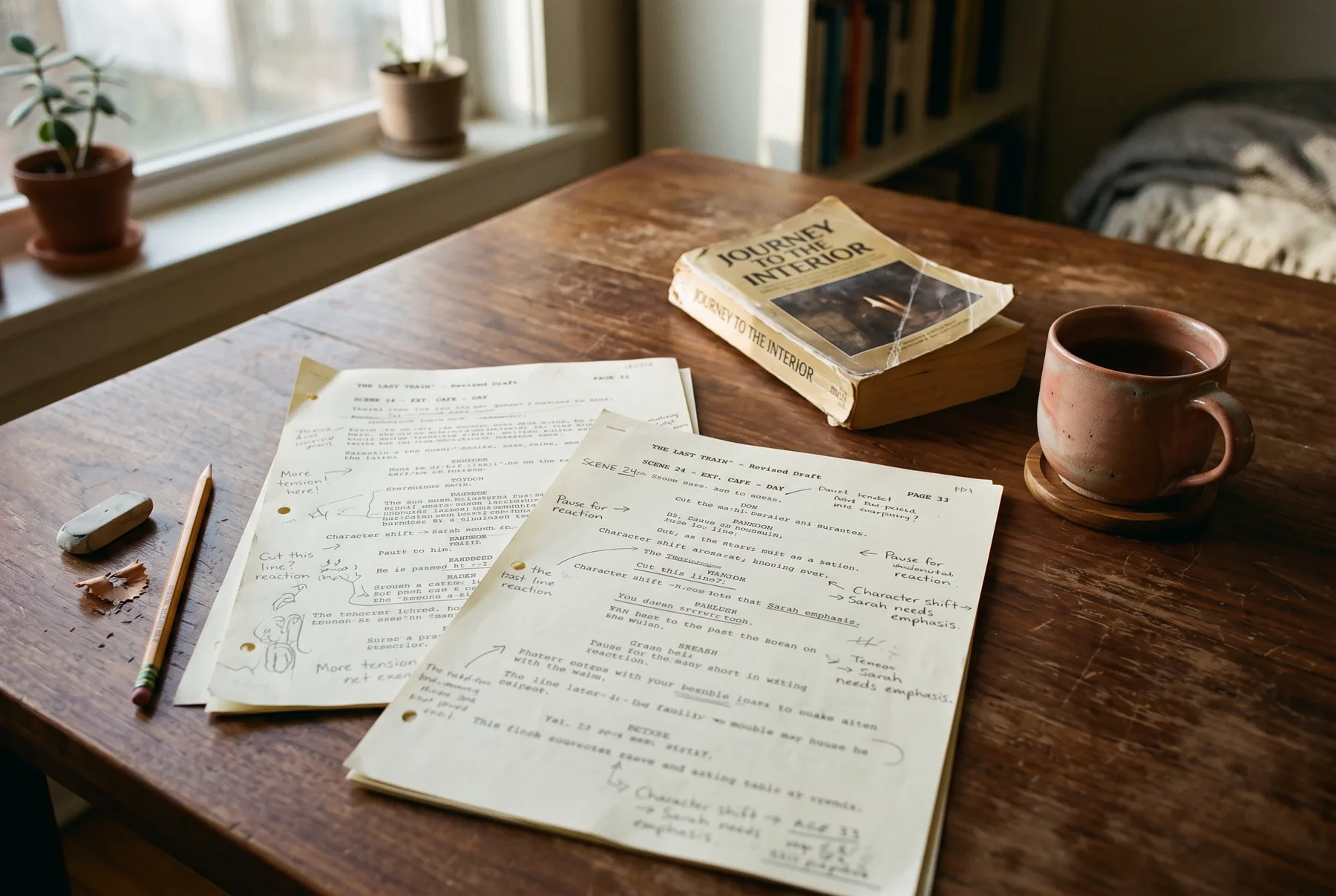 Reference: annotated script pages on warm wood in raking light