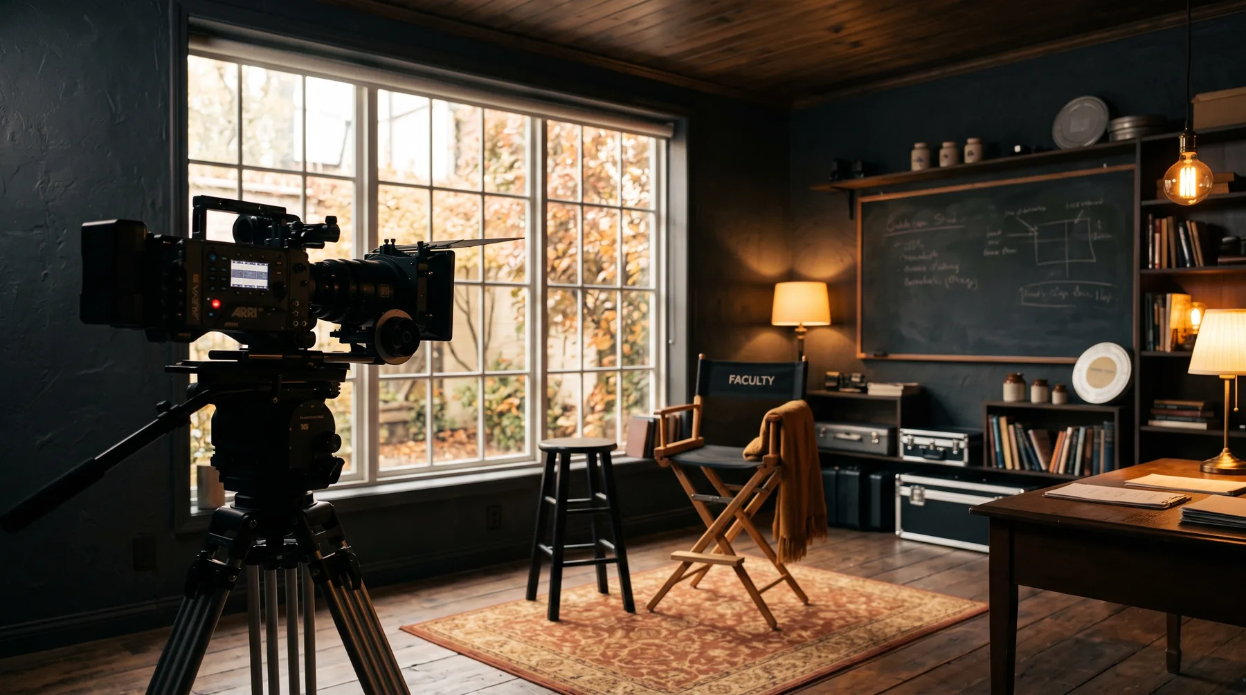 Reference: a warm teaching studio, camera on a tripod, empty and waiting
